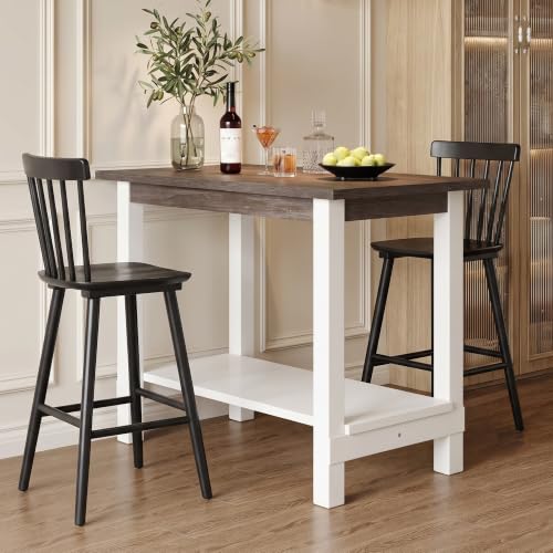 Kmax 47.25" Kitchen Island with Storage, Farmhouse Solid Wood Stationary Dining Table with Large Worktop, Modern Coffee Bar Table for Small Space, Brown Brush and White - color: White- Brown Brush