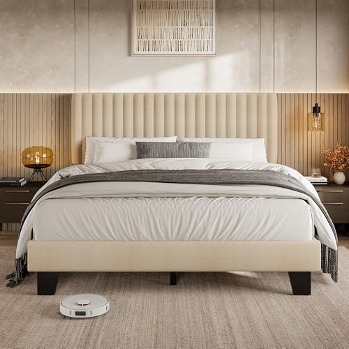Einhomn Full Size Bed Frame with Headboard, Upholstered Linen Platform Bedframe with Solid Wooden Slats, Noise-Free, No Box Spring Needed, Easy Assembly, Beige - color: Beige, size: Full