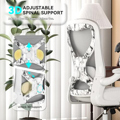 Ergonomic Home Office Chair, 4-Way Lumbar, Thick Cushion, 330LBS | Adjustable Lumbar (up/down/in/out), Rocking Mesh Back, Flip-up Arms, Easy Assembly, Ideal for home offices & small workspaces - color: White+marble