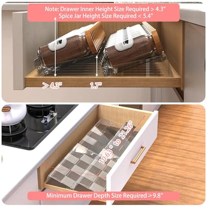 2-Tier Non-Slip Spice Drawer Organizer, 2-Pack Checkered Frosted Clear Acrylic, Expandable (11''-22'') Spice Rack for Kitchen Drawer Storage – Holds Seasonings, Herbs, and Spices (Jars Not Included) - size: Spice Organizer-2 Pack-Clear