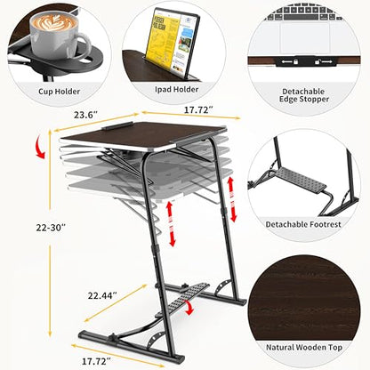 Upgraded Folding TV Tray Table, Sturdy Couch & Dinner Laptop Table | Adjustable Height & Angle Portable Desk for Eating, Work & Recliner; Includes Footrest, Cup Holder, iPad Holder, Edge Stopper - color: (Black) - Dark Wood Mahogany