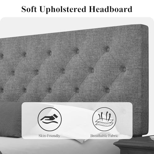 HOMBCK Queen Bed Frame, Grey Linen Fabric Upholstered Bed Frame Queen Size, Wood Slats Support, Button Tufted Design, No Box Spring Needed, Light Grey - color: Light Grey, size: Queen