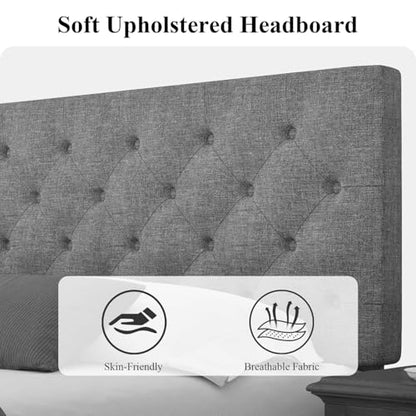 HOMBCK Queen Bed Frame, Grey Linen Fabric Upholstered Bed Frame Queen Size, Wood Slats Support, Button Tufted Design, No Box Spring Needed, Light Grey - color: Light Grey, size: Queen