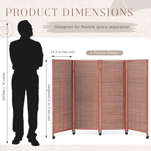 4 Panel Rolling Bamboo Short Room Divider with Wheels, 3.9FT Tall, Movable Folding Privacy Screen, Freestanding Partition for Loft, Apartment, Studio & Home Office, Brown