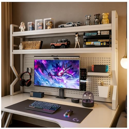Desktop Hutch Bookshelf,Many Gifts,Metal Desktop Bookcase with pegboard, Desk Shelf, Countertop Storage Organizer Rack for Dorm or Office,Desktop Shelves (White, 37.4" Lx9.9 Wx39 H) - color: White, size: 37.4" Lx9.9 Wx39 H