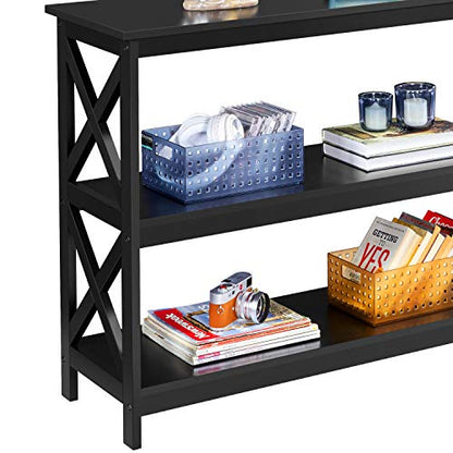 Yaheetech 42" L Black Console Table 3-Tier Narrow X-Design Storage Shelves | Sofa Table for Entryway, Hallway and Living Room, Slim 14" Depth, Powder-Coated MDF, 88 lb Top and 44 lb Shelf Capacity - color: Black