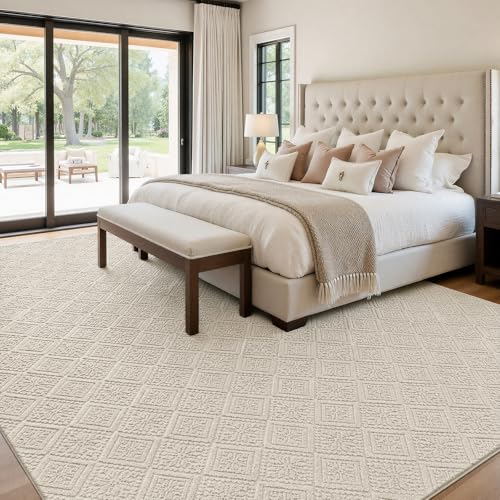 U'Artlines 9x12 Beige Washable Area Rug for Living Room | Soft Fluffy, High Low Textured Carpet, Modern Neutral, Geometric, Non Slip Rugs for Bedroom, Dining Room, Kids Room - size: 9 x 12ft