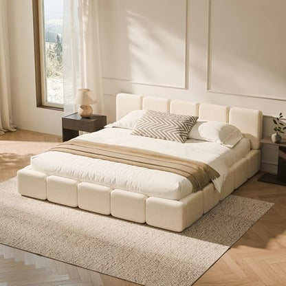 RECCI King Size Upholstered Platform Bed Frame with Plush Cloud Design | Cloud-Inspired Design, Upholstered Headboard & Footboard, Grounded Low Profile Design, Easy Assembly, No Box Spring Required - size: King