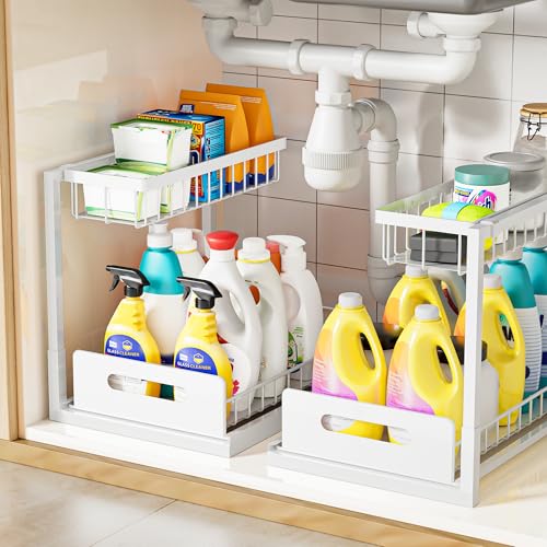 Under Kitchen Sink Organizer 2 Tier, Pull Out Bathroom Sink Organizers and Storage, Cabinet Kitchen Bathroom Storage Organization Shelf, 2 Pack White