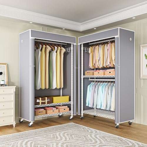 White Clothing Rack with Grey Cover, P1C Rolling Closets | Metal Garment Rack for Hanging Clothes, Clothing Storage Wardrobe, with Wheels - color: White Rack With Grey Cover
