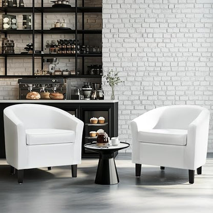 Yaheetech Accent Chairs Set of 2, Faux Leather Barrel Armchairs White | Water-resistant Faux Leather Chairs with High-density Foam and Solid Wood Legs for Living Room, Waiting Room, Small Space - color: White(faux Leather), style: without Ottoman