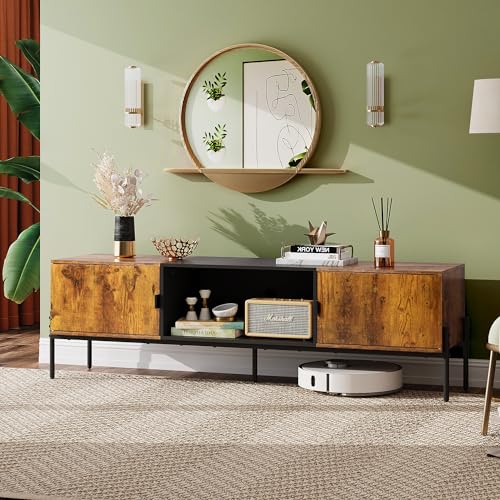 WLIVE 58" TV Stand for 65 Inch TVs, Mid Century Modern Entertainment Center with 2 Storage Cabinets & Open Shelf, Media Console Table with Metal Legs for Living Room, Bedroom, Rustic Brown - color: Rustic Brown