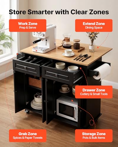 VEVOR Kitchen Island Cart with Storage, 43.58 in Wide Mobile Rolling Storage Island on Swivel Wheels, with 2 Drawers, Storage Cabinet, Drop Leaf, Spice/Towel Rack, Table for Home Dining Room, Black | Home Dining Meal Prep Station With Spice Towel Rack Hoo