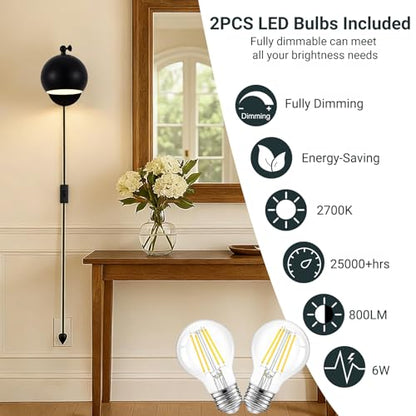 Plug in Wall Sconces Set of 2, Adjustable Angle Black Wall Lights with Plug in Cord & On/Off Switch, Bedside Wall Mount Lamps with Globe Shade for Bedroom Living Room Bathroom (2 Bulbs Included)