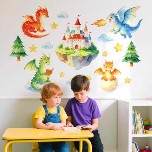 Cartoon Dragon and Castle Wall Decals, Wall Stickers Decor | 2 Sheets 11.8"x37.8" Vinyl Removable Peel and Stick Murals, Plant Decor for Bedroom, Bathroom, Office, Classroom & Home - style: Cartoon Dragon and Castle