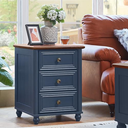 RWYHG 18" Night Stand with 3 Drawers, Farmhouse Modern Nightstand | Blue Farmhouse Modern Bedside Table, Open Storage Shelf, Solid Wood Legs, Bed Side End Tables for Bedroom Living Room - color: Navy Blue, style: 3 Drawers