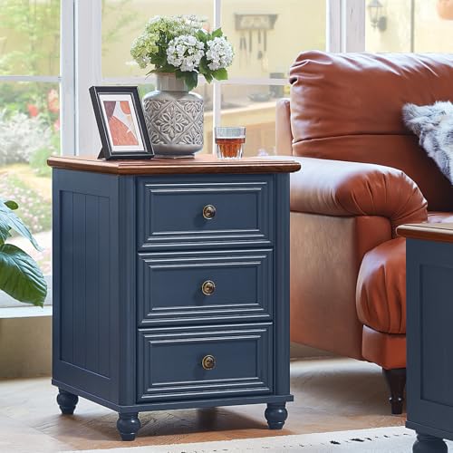 RWYHG 18" Night Stand Set 2, Nightstand with 3 Drawers | Farmhouse Modern Bedside Table, Solid Wood Legs, Metal Handles, Blue Bed Side End Tables for Bedroom Living Room - color: Navy Blue, style: 3 Drawers*2
