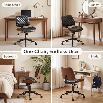 Furnimart Wooden Armless Desk Chair with Wheels, 360° Swivel Faux Leather Vanity Chair for Bedroom, Small Office Computer Task Chair for Home & Compact Spaces (PU Black) - color: Pu-black