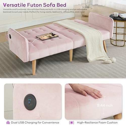 65'' Convertible Futon Sofa Bed with USB, Small Couch for Living Room | Sleeper Sofa and Loveseat, Adjustable Folding Couch with Tufted Design and 2 USB Ports, Bedroom Apartment Office, Pink - color: Pink