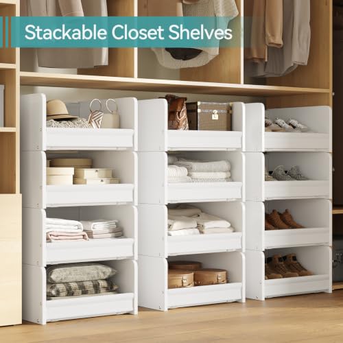 FOUCSSOMEI Closet Storage Organizer with Wood Frame & Fabric Shelves | Patent-designed modular organizer grows with your storage needs by stacking vertically - color: White, size: 4X(11.8"X16")