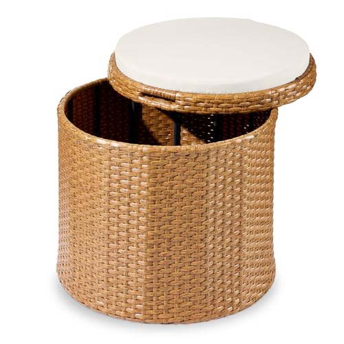 Best Choice Products Round Wicker Ottoman, Multipurpose Outdoor Furniture for Patio, Backyard, Additional Seating, Footrest, Side Table w/Storage, Removable Cushions – Natural/Ivory - color: Natural/Ivory