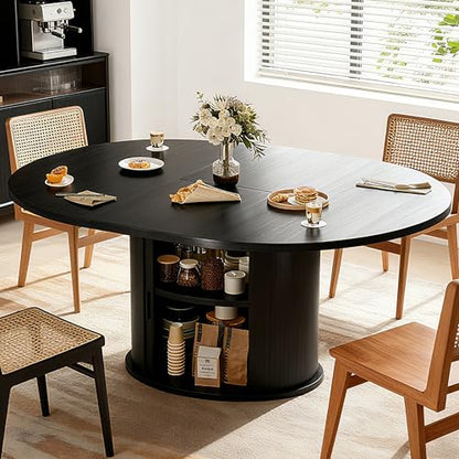 Wildhome Extendable Round Dining Table for 2-4-6, 63 Inch Dining Room Kitchen Table with 2-Tier Storage Shelf, Modern Farmhouse Fluted Wood Slide Door Dinner Furniture,Oval Circle,Black-63 Inch - color: Black-63 Inch