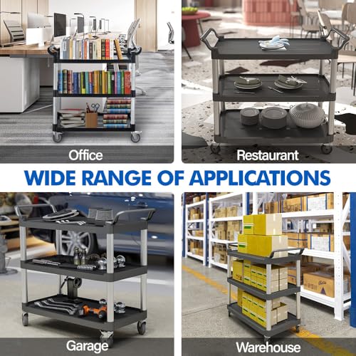 Utility Rolling Carts with Wheels, Large Size Plastic Service Carts, Heavy Duty Restaurant Cart with 4 Lockable Brake Wheels for Kitchen/Office/Warehouse (3 Tier - 34×17×37inches / 510lbs) - size: 3 Tier - 34×17×37inches / 510lbs