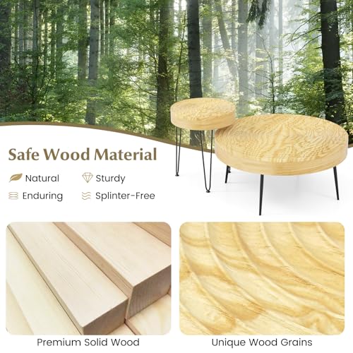 Giantex Boho Round Coffee Table Set of 2, Sofa Side Nesting Table with Solid Pine Wood Top, Metal Legs & Adjustable Foot Pads, 31.5" D Large Table Set for Living Room (Ring Pattern, Natural) - color: Natural, style: Ring Pattern