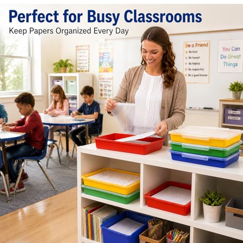 Flat Storage Bins with Lids, Letter Size Paper Storage Bins Set of 4, Stackable Classroom Turn In Bins with Secure Latching Lid, Plastic Storage Organizer for Teachers, Office & Home