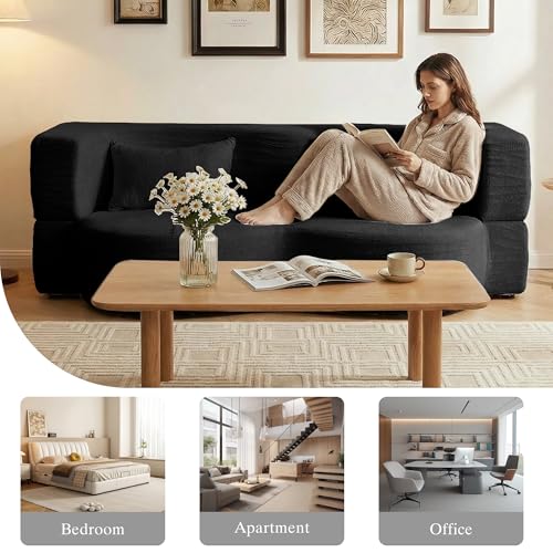 2-in-1 Folding Convertible Sofa Bed - 78 Inch Boneless Loveseat Sleeper, Foldable Floor Futon Couch with Pillow, Pull-Out Modular Matress for Small Spaces (Living Room/Bedroom/Dorm) (Black) - color: Black