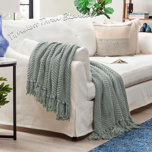 Chanasya Premium Textured Knit Throw Blanket with Tassels - Soft, Cozy Blanket for Couch, Bed, Living Room - 50" x 65” - Tan Sage - color: A(tan Sage)