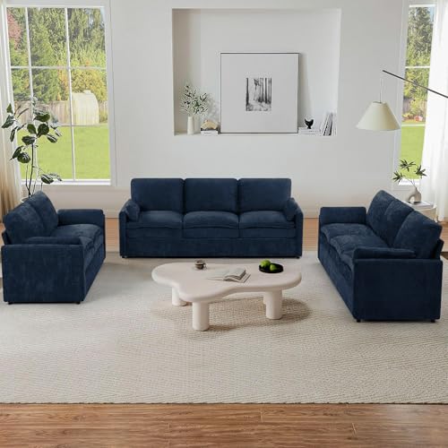 3 Pieces Chenille Sofa Set w/Two Arm Pillows, Blue | Upholstered Loveseat & 2 Pieces 3-Seater Sofa w/Soft Cushions, Modern 2-Seat & 3-Seat w/High-Density Foam for Living Room - color: Blue, size: 69" & 89" & 89" Sofa Set