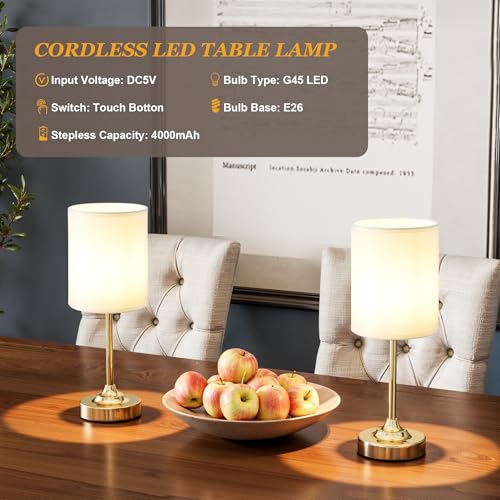 Rechargeable Table Lamp, Battery Operated, Touch Control, Brass, 1 Pack | 4000mAh Battery, USB-C Charging, 3000K Warm Light, Stepless Dimming, Brightness Memory, Up to 40 Hours, Small Table Lamp - color: White - Gold, size: 1 Pack 14.5in - Drum Shade