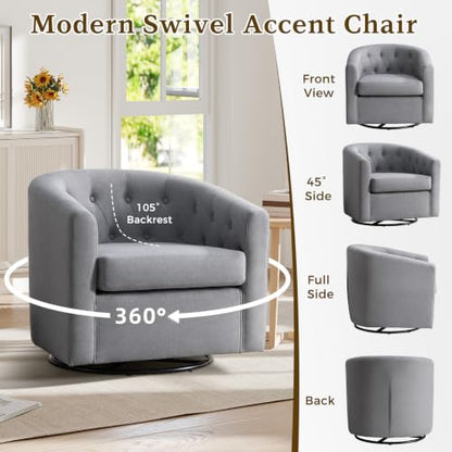 ANJ Swivel Accent Chair, 360 Degree Round Swivel Barrel Chairs with Padded Armrests & Comfy Backrest, Modern Linen Fabric Armchair for Living Room, Bedroom, Office, Grey - color: Grey