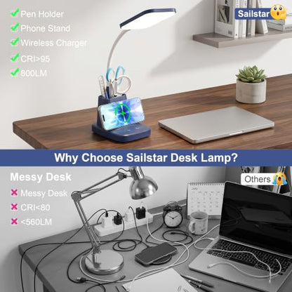 LED Desk Lamp with 10W Wireless Charging & Pen Holder, Navy Blue | CRI 95, 800LM, Stepless Dimming, 3 Modes, 360°Flexible Arm, Touch, Study Table Lamp for Home Office, Dorm Room, with Adapter - color: Navy Blue