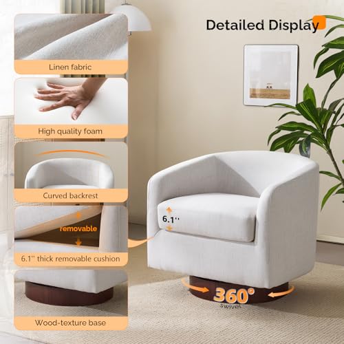 VINGLI 360°Swivel Accent Chairs Set of 2 with Engineered Wood Base and Removable Cushion for Living Room, Bedroom, Curved Back Barrel Chairs for Small Space, Upholstered Bucket Armchairs, Linen Beige - color: Linen-beige