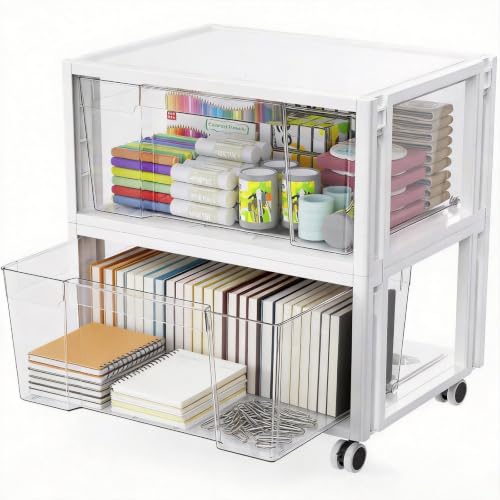 Stackable Storage Drawer Carts, Extra Large Bins 2 Tier 2 Drawers | Smooth Pull-Out Drawers, Clear Plastic Storage Organizer Container For Home Office Bedroom Bathroom Art Crafts Under Desk - size: 2 Tier 2 Drawer