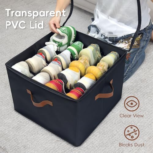 Shoe Organizer for Closet, 2 Pack Shoe Storage Bins with Clear Cover, Foldable and Adjustable Dividers, Fits 16-32 Pairs, Black