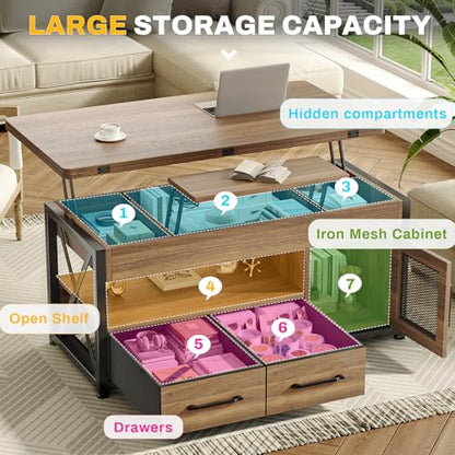 Itaar 40" Lift Top Coffee Table with Storage for Living Room, 4 in 1 Table | Walnut LED Expandable Coffee Table with 2 Fabric Drawers & LED Light & Hidden Compartmen for Dining Living Room Table - color: Walnut