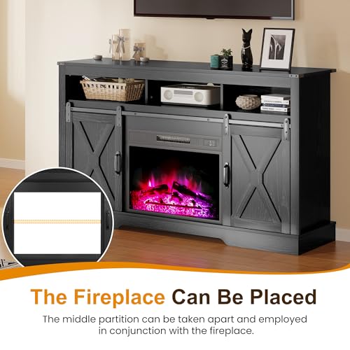 RoyalCraft Farmhouse Fireplace TV Stand for 65+ Inch TV, Entertainment Center with 23" Electric Fireplace with Remote, 34" Tall Modern Rustic TV Console with Sliding Bar Door for Living Room, Black - color: Black, style: Electric Fireplace Included