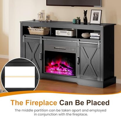 RoyalCraft Farmhouse Fireplace TV Stand for 65+ Inch TV, Entertainment Center with 23" Electric Fireplace with Remote, 34" Tall Modern Rustic TV Console with Sliding Bar Door for Living Room, Black - color: Black, style: Electric Fireplace Included