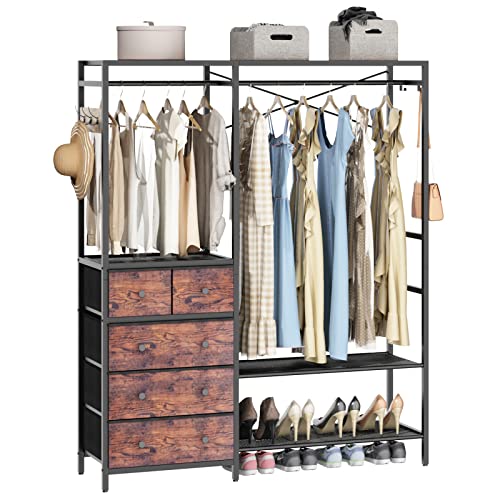 Freestanding Clothes Rack with 5 Drawers & 4 Storage Shelves,2 Hanging Rods | 59.1" W*70.9" H Heavy Duty Clothing Rack, Wardrobe Closet Organizer System with 5 Hooks, Garment Rack (Rustic) - color: Rustic