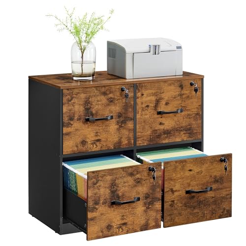 VASAGLE 4-Drawer Lateral File Cabinet, Compact, Locking, Printer Stand | Home Office, A4, Letter-Size Hanging File Folders, Rustic Brown and Ink Black, CUSTOS Collection UOFC062B01 - color: Rustic Brown + Ink Black, size: 4 Drawers with Lock
