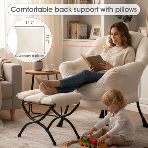 Lazy Chair with Ottoman, Comfy Reading Chair for Bedroom，Beige | Comfy Bedroom Accent Chair with Washable Removable Cover and extra throw pillow for Living Room Dorm - color: Peach Beige-1