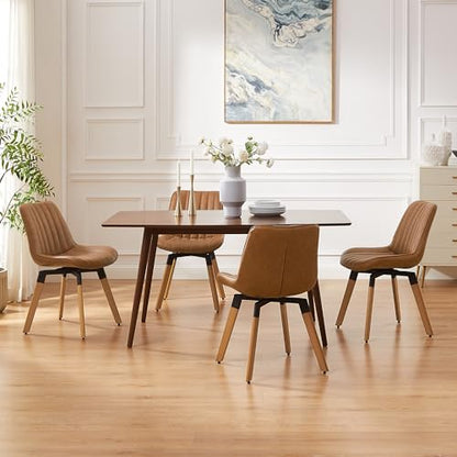 Mid Century Upholstered Swivel PU Dining Chairs Set of 2 Red Brown | 360° swivel curved foam-padded seat armless design dining room chairs accent chairs solid wood legs floor protection pads - color: Red Brown, size: Set of 2-PU