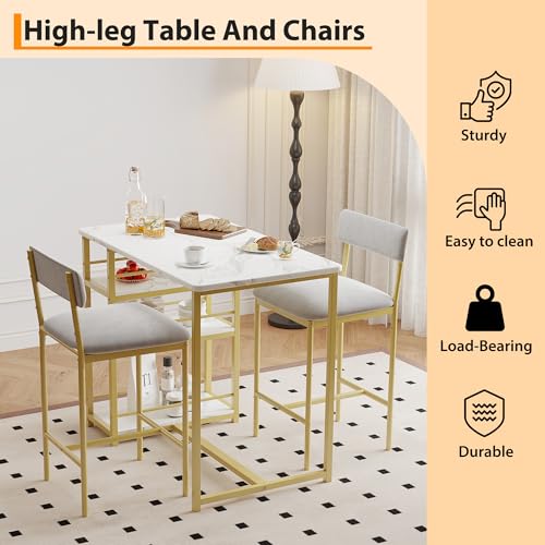 Dining Table Set for 2, Counter Height Kitchen Table and Chairs, Bar Table Set with 2 Upholstered Bar Stools, 3 Piece Dining Room Table Set for Small Space, Apartment, Gold
