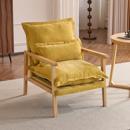 Karl home Plush Chenille Accent Chair with Lumbar Pillow & Ruffled Design Cozy Lounge Chair for Living Room, Bedroom, Reading Corner, Yellow