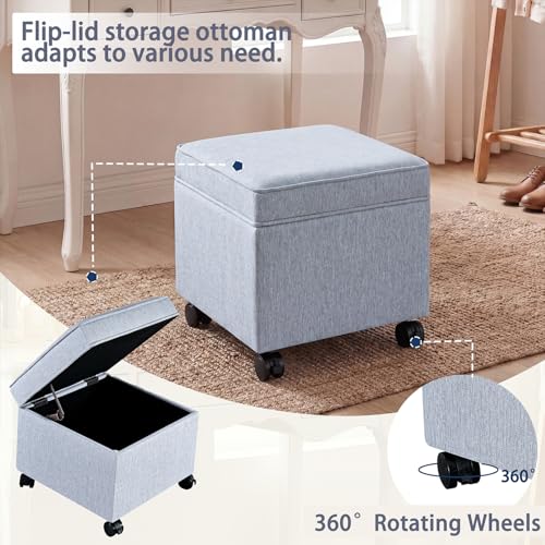 17" Square Storage Ottoman with Wheels, Upholstered Linen Movable Cube Footrest & Extra Seat with Flip Top for Living Room, Bedroom, Blue Grey - color: Blue Grey With Wheels