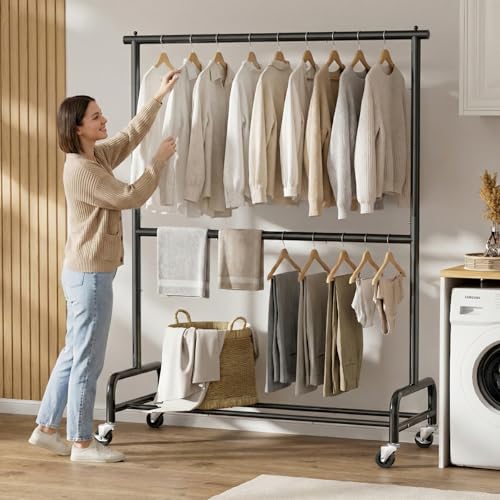 SLEEPING LAMB Heavy Duty Clothes Rack with Wheels, Metal Rolling Garment Rack for Hanging Coats, Shirts (Black) - color: Black, style: Double Rod
