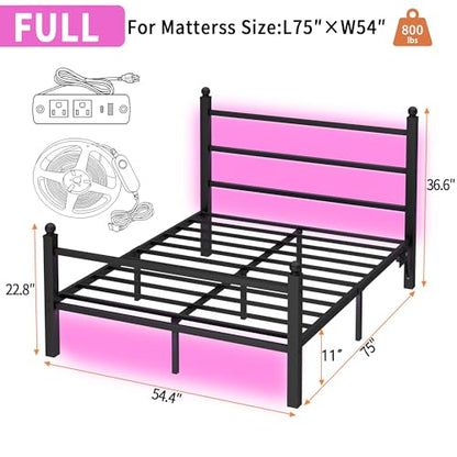 CLIBFENG Full Size Bed Frame with Headboard and Footboard,Steel Slats Support-LED Bed Frame with Charging Station,Mattress Foundation-Under Bed Storage, No Box Spring Needed,Noise Free,Black - size: Full 2, style: Black
